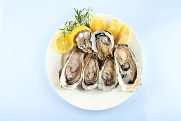 Plate with tasty fresh oysters and sliced juicy lemon on white background. Aphrodisiac food for increasing sexual desire