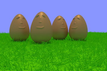 3D-Rendering von lächelnden goldenen Eiern - auf grünem Gras stehend - mit hellblauem Hintergrund
