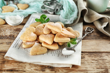Heart shaped butter cookies on table