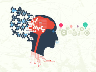 Data technology and machine learning concept. Information data flow into artificial intelligence head with electronics circuit from bottom. Cogs and light bulb on background.