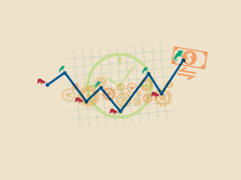 Financial And Stock Investment Market Concept. Fluctuation Of Value Which Price Is Rising Up And Falling Down Along The Way.