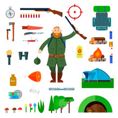Set of flat hunting icons. Vector illustration.