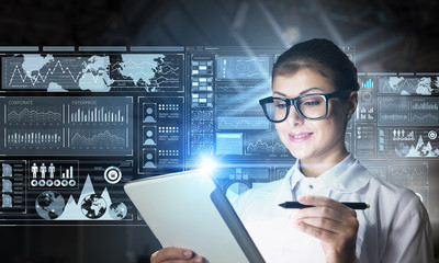 Scientist woman doing research. Mixed media