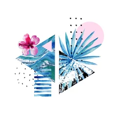 Poster Abstracte zomer geometrische elementen met exotische bloemen en bladeren © Tanya Syrytsyna