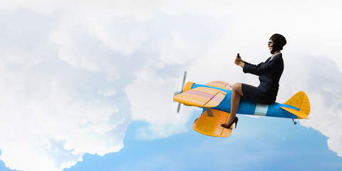 Woman in drawn airplane . Mixed media