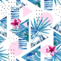 Foto op Plexiglas Abstracte zomer geometrische achtergrond met exotische bloemen en bladeren © Tanya Syrytsyna