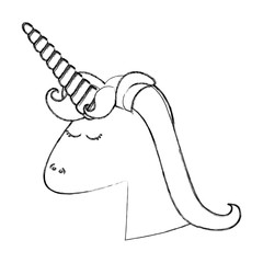 monochrome blurred silhouette of face side view of female unicorn with mane vector illustration