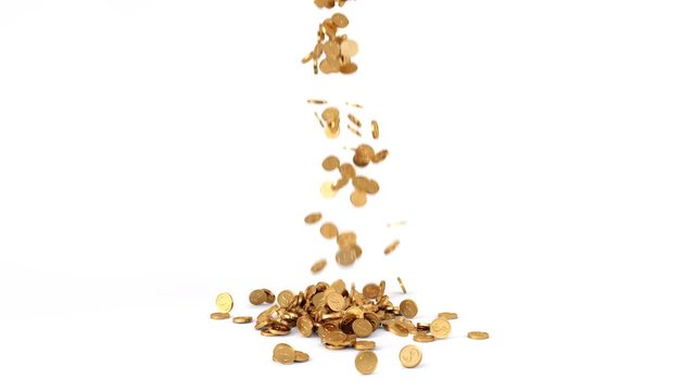 HQ Animation of Falling Golden Coins on white background. With Alpha Channel