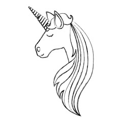monochrome blurred silhouette of face side view of female unicorn and long striped mane vector illustration