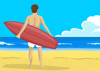 Back view of young man with a surfboard looking into the distance