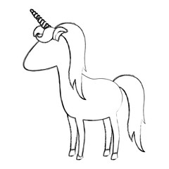 monochrome blurred silhouette of cartoon faceless unicorn standing vector illustration