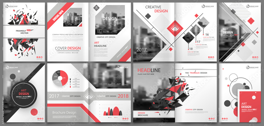 Wall mural Abstract binder art. White a4 brochure cover design. Info banner frame. Elegant ad flyer text. Title sheet model set. Fancy vector front page. City font blurb. Red line, square, triangle figure icon