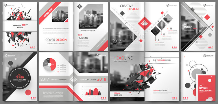 Abstract binder art. White a4 brochure cover design. Info banner frame. Elegant ad flyer text. Title sheet model set. Fancy vector front page. City font blurb. Red line, square, triangle figure icon