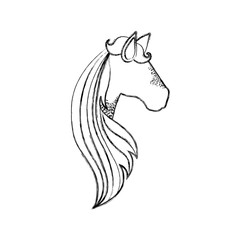 monochrome blurred silhouette of faceless side view of female horse with long striped mane vector illustration