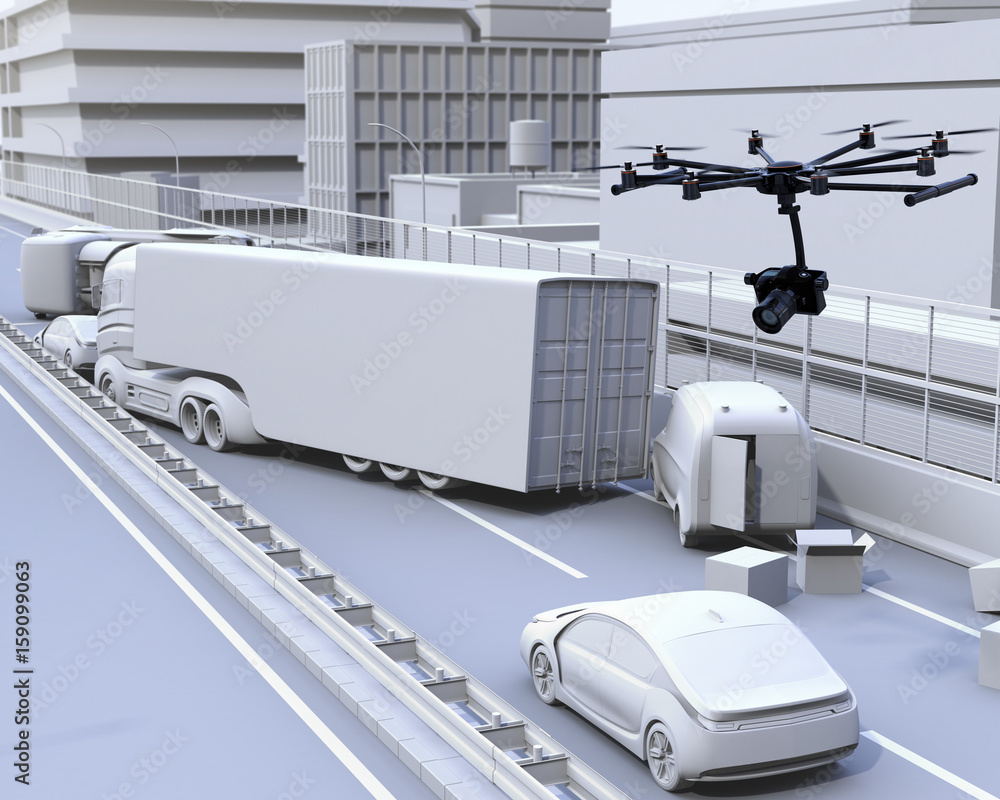 Poster octocopter recording car accident by dslr camera. 3d rendering image.