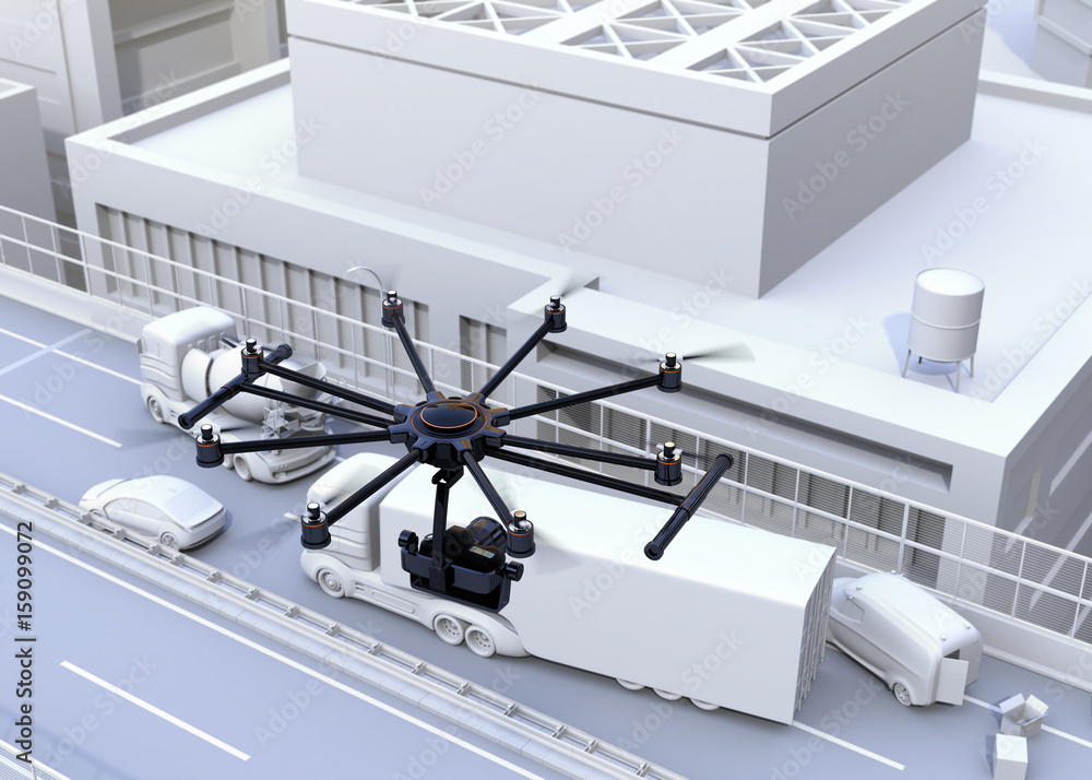 Aufkleber octocopter recording car accident by dslr camera. 3d rendering image.
