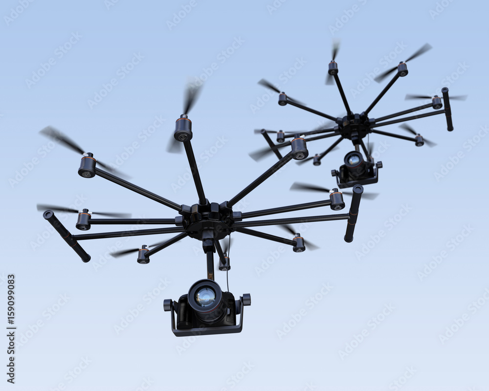 Poster octocopters flying in the sky. 3d rendering image