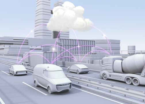 Cars On Motorway Sharing Traffic Information By Computer Network. Concept For Connected Car.  3D Rendering Image.