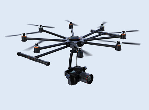 Octocopter flying in the sky. 3D rendering image