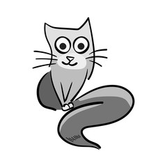 Simple cartoon vector illustration of a cute grey cat sitting down, isolated on white background