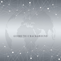 Three-dimensional abstract background planet. Virtual background communication or particle compounds. Global network connection and lines plexus. Minimalistic chaotic design, vector illustration.