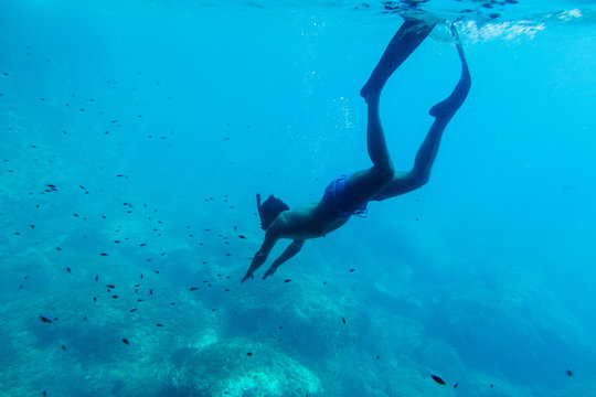 Man Swim Underwater In Snorkel