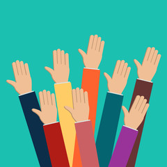 People vote hands. Raised hands volunteering concept. Flat design modern illustration. Election voting vector background.