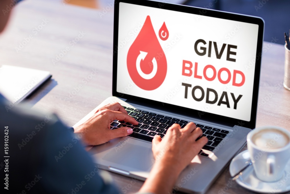 Poster composite image of give blood today text with icons on screen