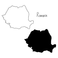 outline and silhouette map of Romania - vector illustration hand drawn with black lines, isolated on white background