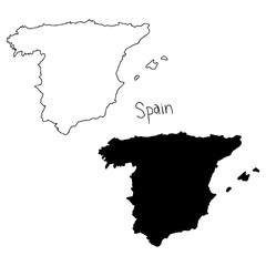 outline and silhouette map of Spain - vector illustration hand drawn with black lines, isolated on white background