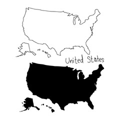 outline and silhouette map of The United states - vector illustration hand drawn with black lines, isolated on white background