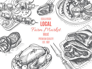 Vector illustration sketch - farm market. Card local meat shop.