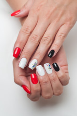 Bright manicure red. black and white on square long nails with crystals
