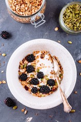 Healthy breakfast bowl of yogurt with granola, flax seeds,  pumpkin seeds and fresh blackberries