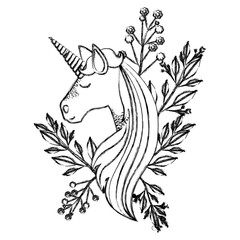 monochrome blurred silhouette of unicorn face with floral decoration vector illustration