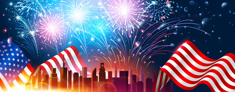 Colorful fireworks for Independence Day of America. Vector