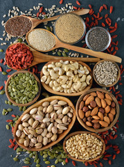 Different superfoods on a gray background