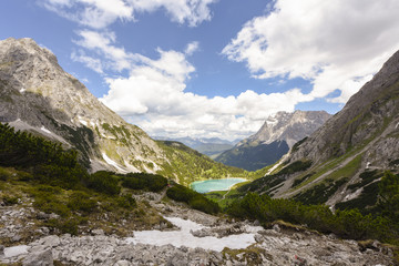 Panorama of Zugspitze mountain and lake Seebensee, view from Coburger Hut near Ehrwald, Tyrol, Austria
