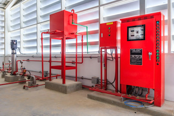 Industrial fire pump station for water sprinkler piping and fire alarm control system. Pipelines,...