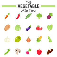 Vegetable flat icon set, food symbols collection, vegetarian vector sketches, logo illustrations, colorful solid pictograms package isolated on white background, eps 10.
