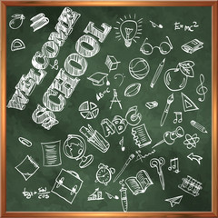 Welcome to school. A blackboard with drawings on the theme of ed
