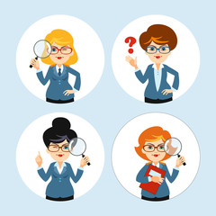 Woman with magnifying glass. Tax Policy Officer. Audit and office accounting theme. Businesswoman