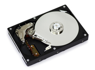 Harddisk drive (HDD) with top cover open on white background.