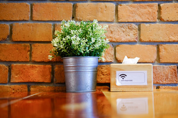 Wooden shelf decorated with flower pots and tissue box