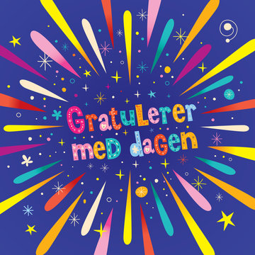 Gratulerer med dagen Happy Birthday in Norwegian greeting card with burst explosion