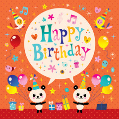 Happy Birthday kids greeting card with cute panda bears