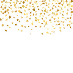 Gold stars falling confetti frame isolated on white background. Golden abstract shiny pattern Christmas, New Year holiday celebration, festive, party. Glitter explosion Vector illustration