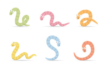 Set of cute multicolored smiling worms in different poses isolated on white background