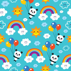 panda bear rainbows clouds sky kids seamless pattern