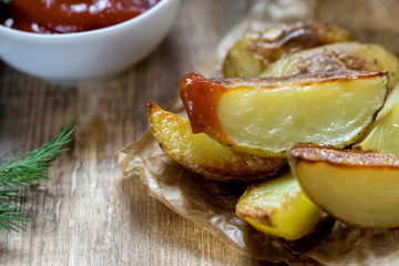 Baked potatoes with ketchup and greens